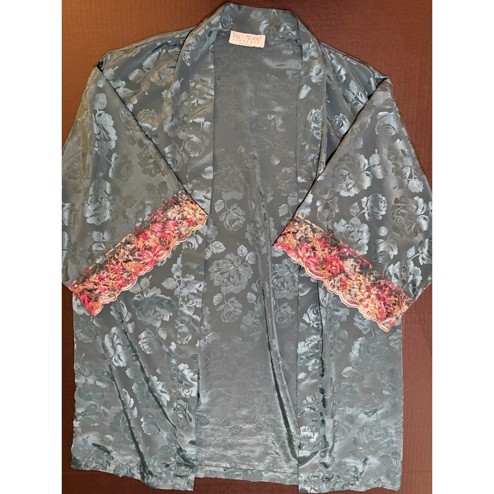 VTG 80s/90s Val Mode Lingerie Green Floral Satin Kimono Robe Lace Trim sz S